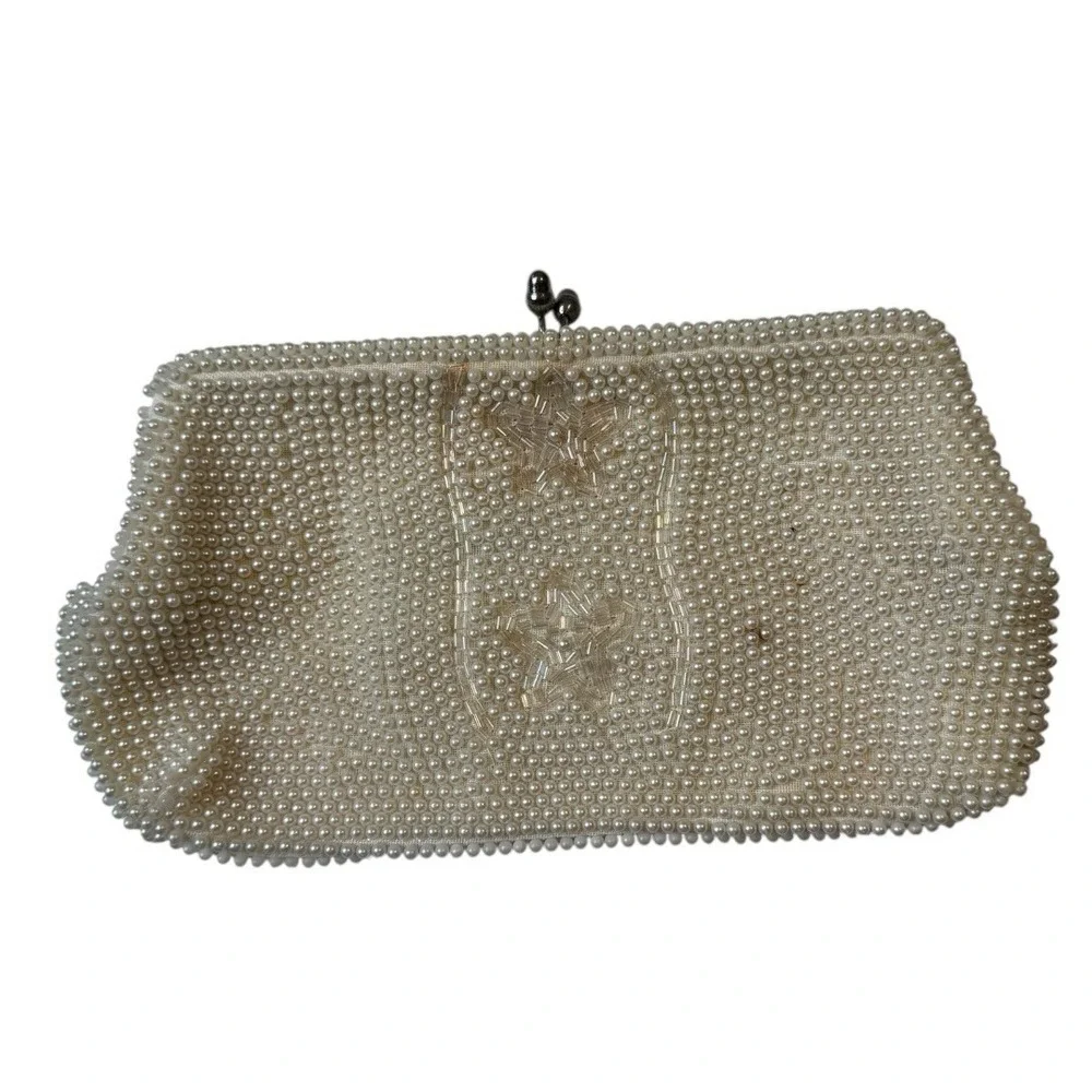 Vintage 1960 Bon Soir‎ Italian Pearl Cream Clutch Purse Beads Silk Wedding B72Q